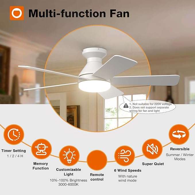 addlon Ceiling Fans with Lights, 42 Inch Low Profile Ceiling Fan with Light And Remote Control, Flush Mount, Reversible, 3CCT, Dimmable, Quiet, White Small Ceiling Fan for Bedroom Indoor/Outdoor Use