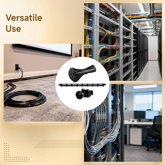 10 Pcs 19 in Rack Cable Management Kit, Including 0.5U L-Shaped Tie Bars, 20 Cabinet Screws, 100 Cable Ties, Sturdy Metal with Black Coating, Multi-Hole Design for Flexible Cabling