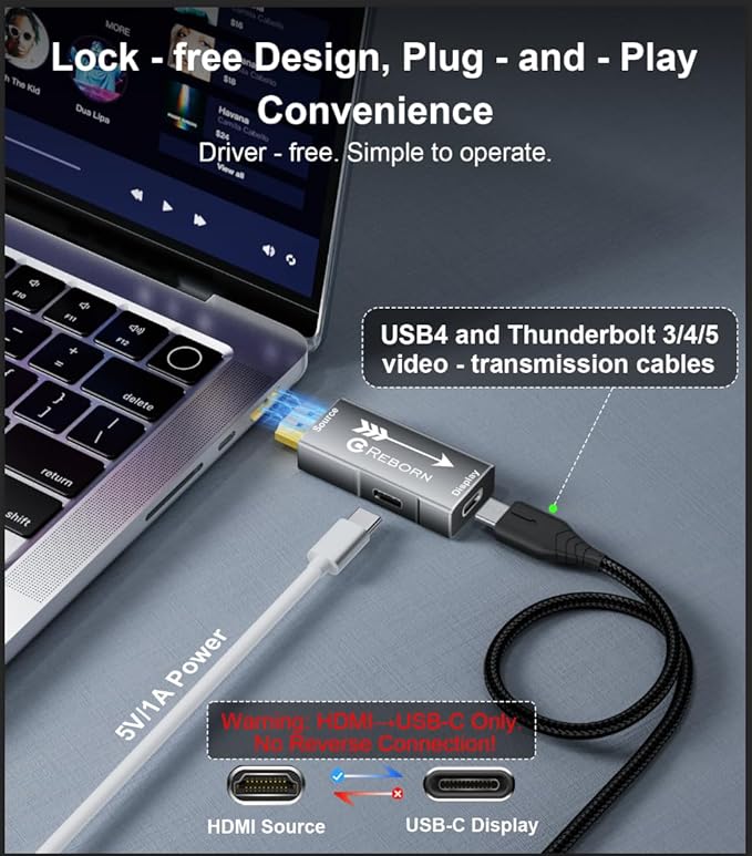 Reborn HDMI to USB C Adapter 4K 60Hz | Uni-Directional HDMI Source to Type-C Display Adapter for AR Glasses XREAL One、Air 2 Pro/VITURE Pro/RayNeo Air 2s/Rokid,PS5,Portable Monitors - 1 Pack
