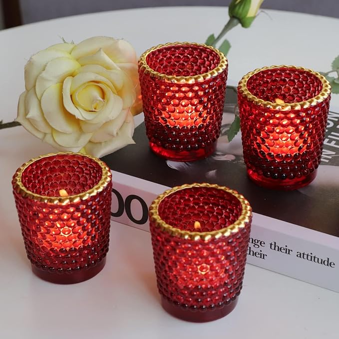 WOHO 24pc Red Votive Candle Holders for Table Centerpiece, Tealight Candle Holder Bulk with Gold Rim, Glass Tea Lights Candle Holder for Christmas, Valentine’s Day Decor