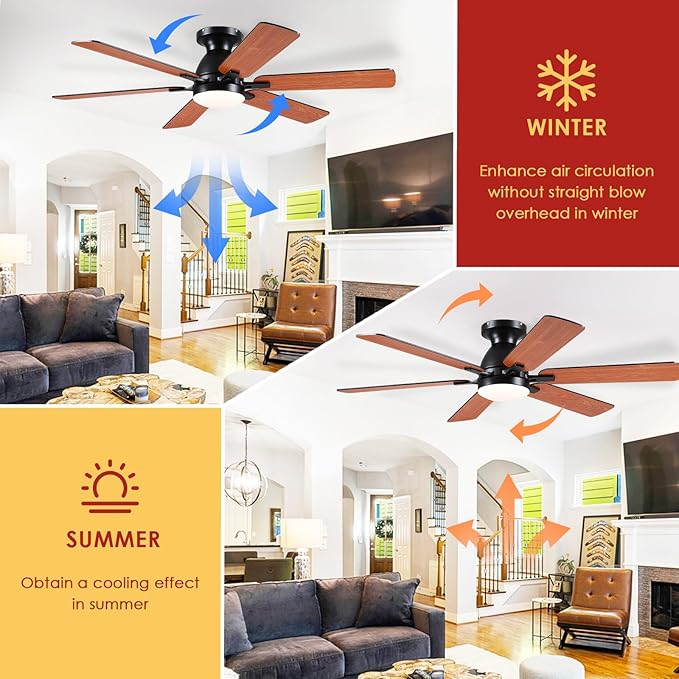 Ceiling Fans with Lights- 52" Low Profile Indoor Ceiling Fan with Light and Remote/APP Control, Flush Mount, 6 Blade, LED Dimmable DC Reversible Modern Ceiling Fan for Bedroom（Brown）