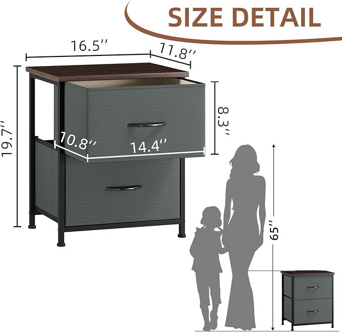 Somdot Nightstand, Small Dresser for Bedroom with 2 Drawers, Bedside Table Night Stand End Table with Fabric Bins for Bedroom Kids Closet Dorm Guest Room, Charcoal Grey