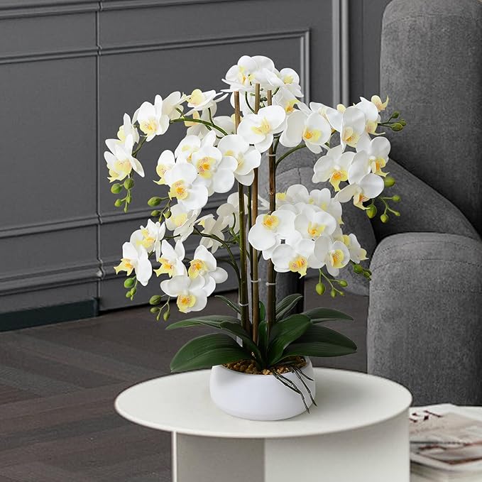 Ziwon Artificial Orchid Flowers & Plants Potted in Ceramic Pot, White Faux Phalaenopsis Orchids for Table Centerpiece, Realistic Fake Flower Arrangement for Home Office Decor Indoor