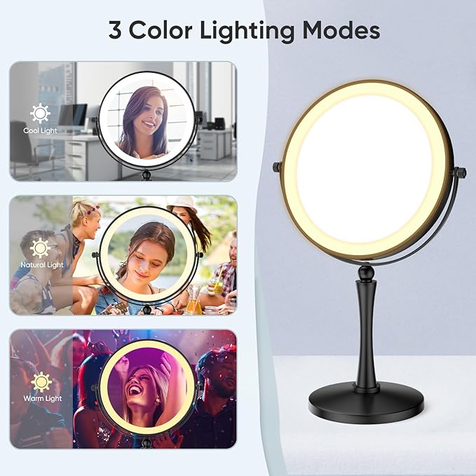 Nicesail 8” Desk Mirror with Light Dimmable 3 Colors Lighting, Magnifying Mirror with Lights and 1X/7X Magnification Makeup Vanity Mirror with Lights, Makeup Mirror for Home Hotel Desktop, Black 7X