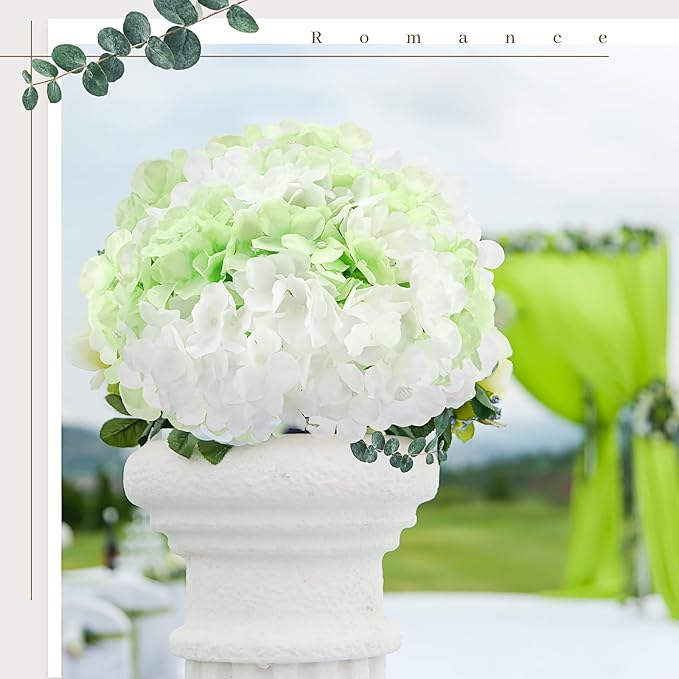Zeyune 100 Pcs Hydrangea Artificial Flowers, Silk Flower Heads with Stems, Fake Hydrangea Bouquet for Wedding Arch Centerpiece DIY Floral Home Decoration (White and Green)