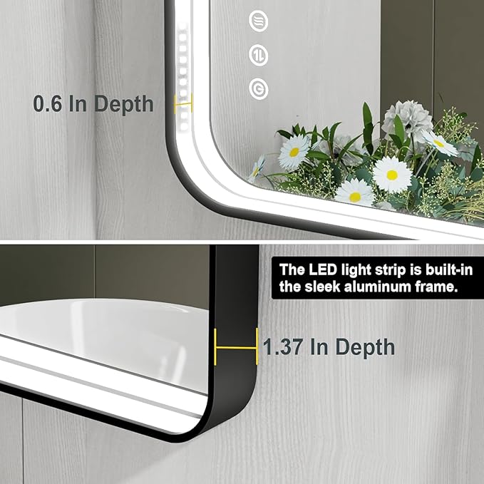 30x36 Inch LED Bathroom Mirror with Lights, Black Metal Framed LED Mirror for Bathroom, 3 Colors and Stepless Dimmable Wall Mounted Lighted Bathroom Vanity Mirror, Anti-Fog, Memory