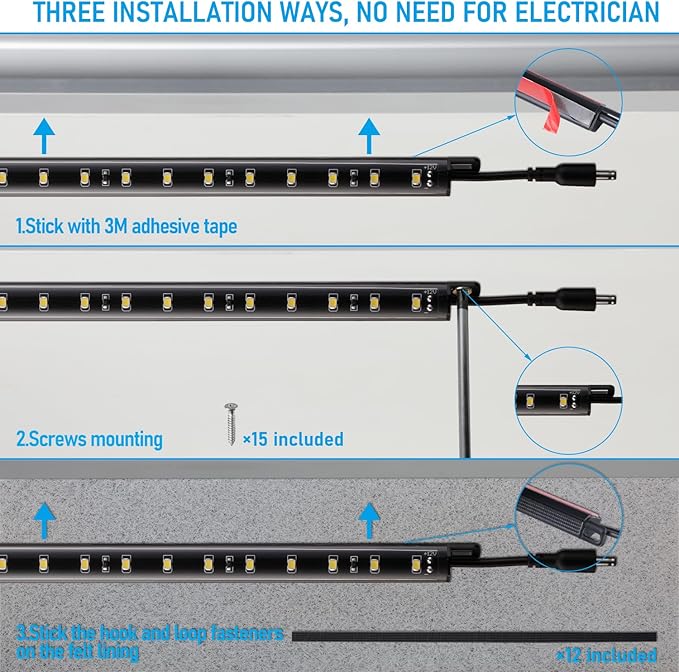 TORCHSTAR LED Safe Lighting Kit, (6) 12 Inch Linkable Light Bars + Motion Sensor + UL Power Adapter, 900LM, Input 100-240V, for Under Cabinet Gun Safe Locker Closet Showcase, 3000K Warm White