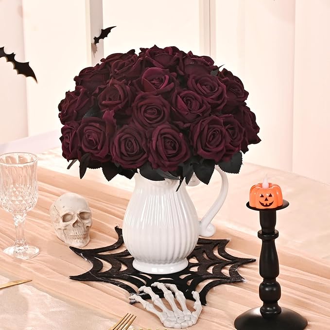 BLEUM CADE 50 Pcs Black Roses Artificial Flowers, Real Touch Velvet Roses Fake Flowers Bulk, Artificial Roses Bouquet with Long Stems for DIY Table Centerpiece Halloween Decorations