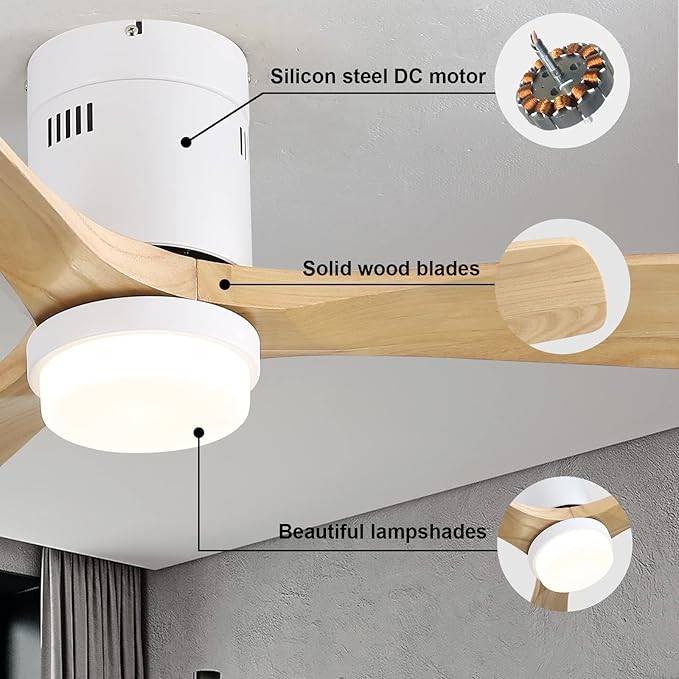 Sofucor 52 Inch Ceiling Fans with Lights, Solid Wood Ceiling Fan with Light Remote Control, Flush Mount Indoor/Outdoor Ceiling Fans, Reversible DC Motor, 3 Blade Ceiling Fan Light for Bedroom Patio