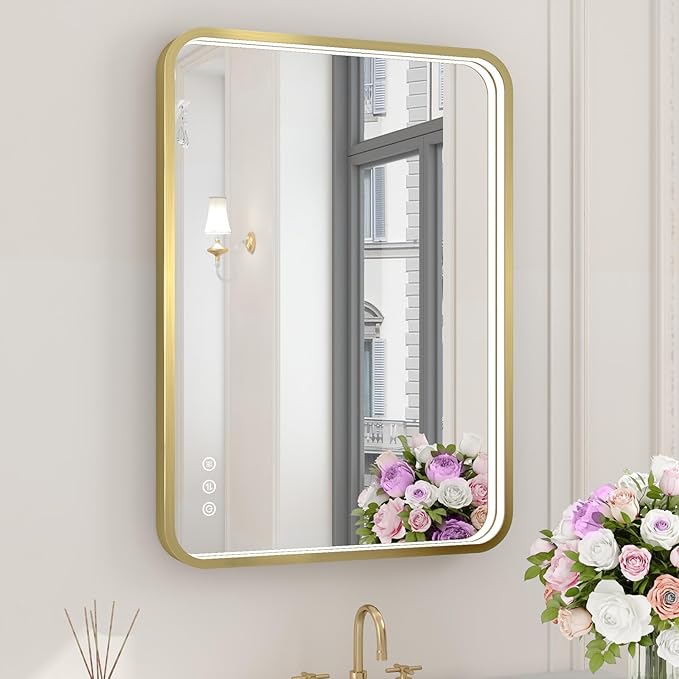 LED Bathroom Mirror with Lights, 20x28 Inch Brushed Gold Metal Frame LED Mirror for Bathroom, Stepless Dimmable 3 Colors Wall Mounted Lighted Bathroom Vanity Mirror, Anti-Fog, Memory