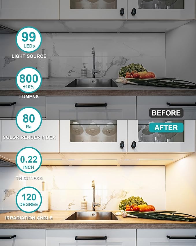JUSJUBR Under Cabinet Lighting Plug in, 3 Pcs 12 Inch 3 Color Temperature Under Counter Lights for Kitchen, Dimmable Led Under Cabinet Lights with Memory Function for Closet, Desk