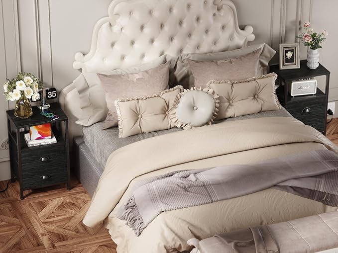 Furologee Nightstands with Charging Station, End Table with LED Lights, Black Night Stands with 2 Fabric Drawers, Bedside Tables with Shelves for Living Room/Bedroom,Black Oak