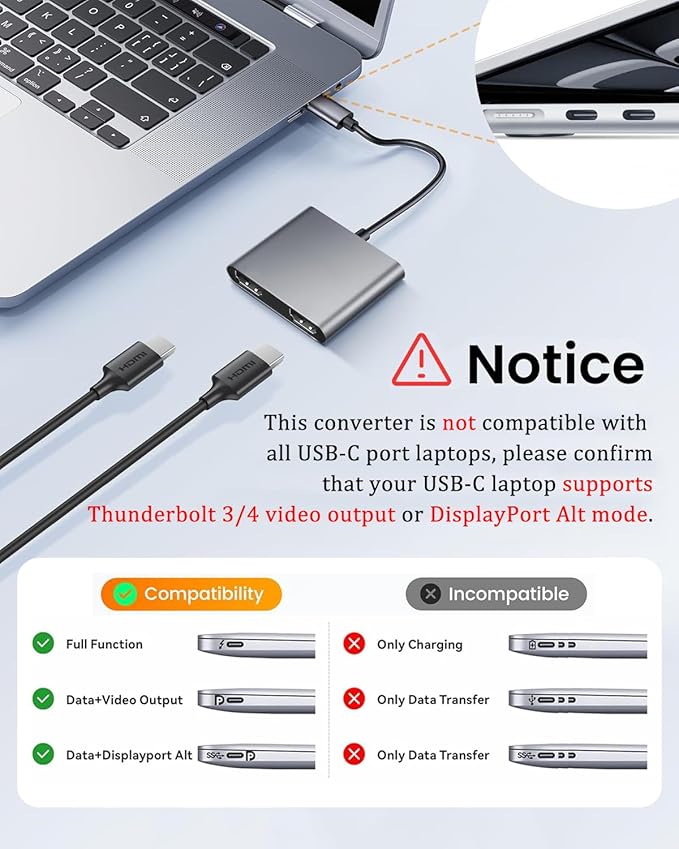 USB C to Dual HDMI Adapter, with 2 4K@60Hz HDMI Docking Station, Type C to HD Splitter for 2 Monitors, Suitable for MacBook Air/Pro, Dell, HP, Lenovo, Chromebook, Surface USB Type C Laptops