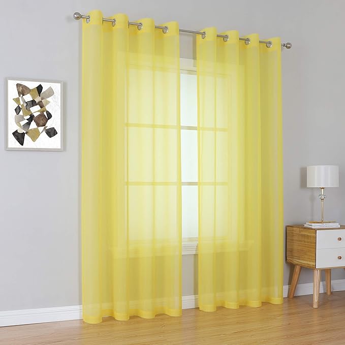 KEQIAOSUOCAI 108 inches Long Living Room Sheer Curtains - Eyelet Top Voile Sheer Draperies Privacy for Villa, W 54 by L 108 inch Length, 2 Panels, Vibrant Yellow