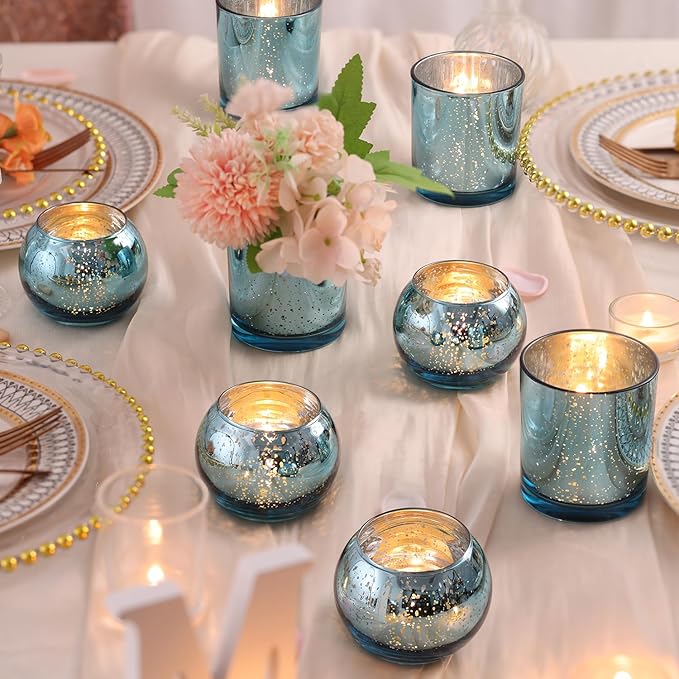 20 Pcs Assorted Lake Blue Votive Candle Holders, Larger Size Mercury Glass Candle Holder Bulk, Tealight Candle Holders for Wedding Decorations, Bridal Shower Table Decorations, Lake Blue Centerpieces