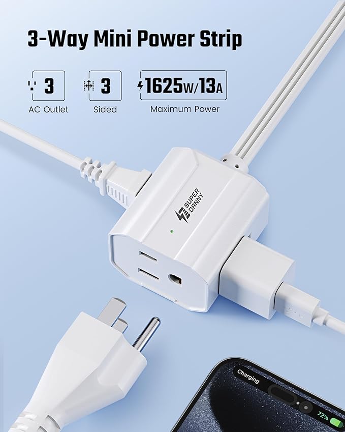 Extension Cord 3ft SUPERDANNY Mini Power Strip Ultra Right Angled Flat Plug for Tight Spaces,Indoor Extension with 3 Outlets,for Office Home Appliances,Non Surge Protector for Travel Cruise,White