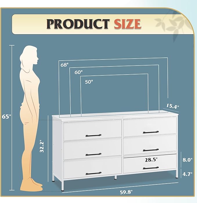 WLIVE White TV Stand for 60, 65, 70 inch TV, Large Entertainment Center with 6 Fabric Drawer, TV Media Console Table with Wood Top, Adjustable Feet for Living Room,