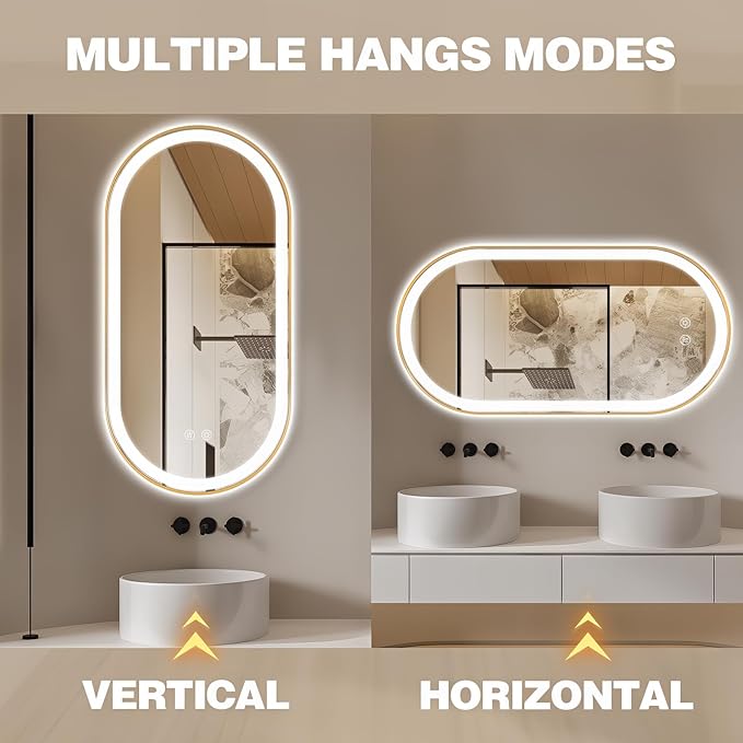Niccy Oval LED Mirror for Bathroom, 48x24 Front Lit + Backlit Vanity Mirror with Light Anti-Fog, Shatter-Proof, 3 Colors, Makeup Mirrors with Gold Frame (Horizontal/Vertical)