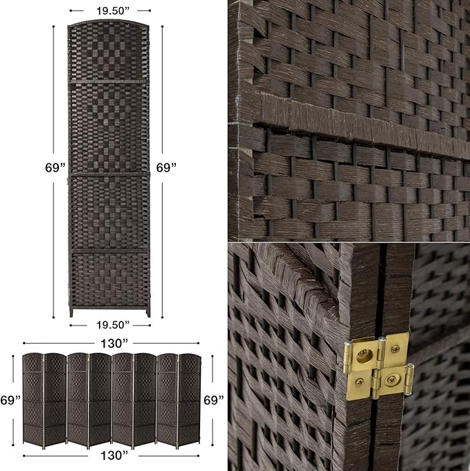 Sorbus Room Divider 6 ft. Tall - Privacy, Wide Double Hinged, Mesh Hand-Woven Design, Folding Screens, Wall Divider for Room Separation, Espresso Brown Wicker, 8 Panel