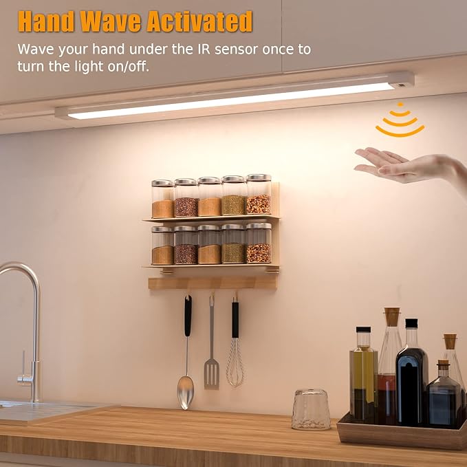 2pcs Hand Wave Under Cabinet Lights, 16" Under Counter Lighting with Dimmable and 4000K Natural White,Plug and Play,LED Lights for Kitchen Cabinet, Cupboard, Closet, Desk
