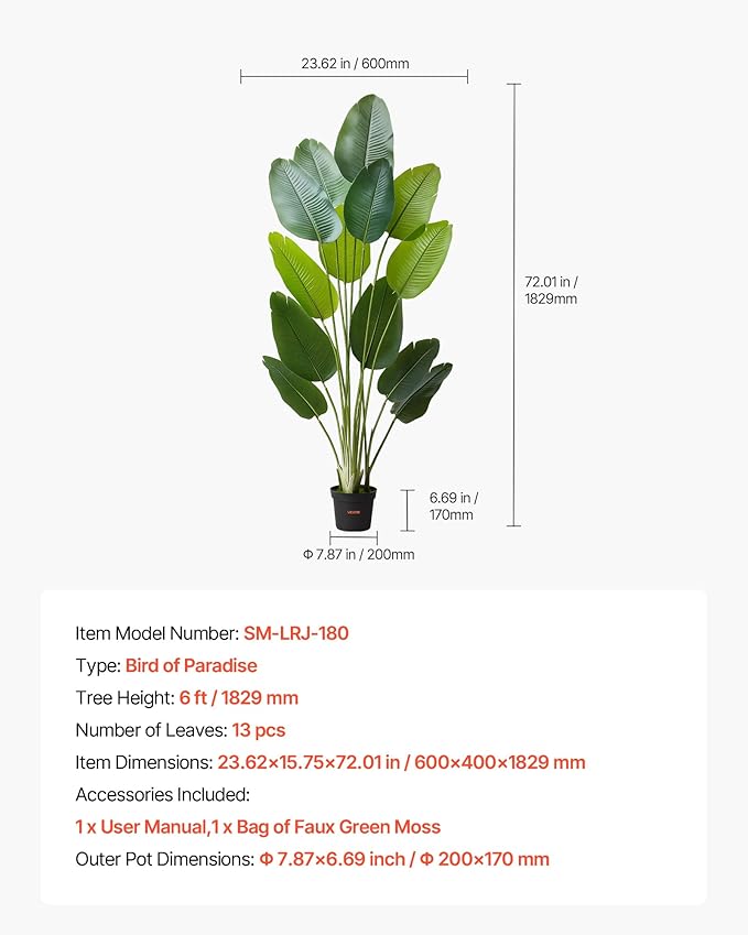 VEVOR Artificial Bird of Paradise 6 ft Tall, Fake Tropical Plants with with 13 Trunks & White Pot, Faux Floor Silk Tree, Large Trees for Home Office Living Room Decor House Warming, Indoor Outdoor