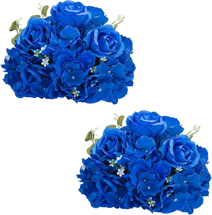 NUPTIO Royal Blue Flowers for Centerpieces: 2 Pcs 11.8 inch Diam Artificial Flower Balls for Centerpieces - Fake Flower Ball Arrangement Bouquet Rose Wedding Centerpieces for Tables Decorations