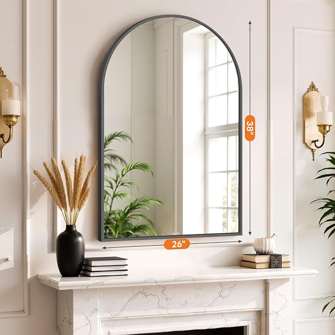 Sweetcrispy Arched Bathroom Mirror 38x26 Inch Black Metal Framed Arch Vanity Mirror for Wall, Over Sink, Farmhouse, Restroom, Anti-Rust, Modern Decorative, Hanging or Leaning