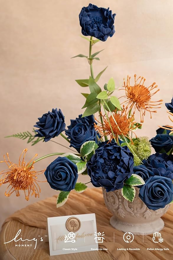 Ling's Moment Artificial Flowers Fake Roses Faux Foam Peony Combo for DIY Wedding Bouquets Centerpieces Arrangements Bridal Shower Party Home Decorations, Navy Blue, 24pcs