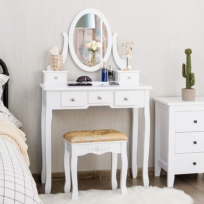 CHARMAID Vanity Table Set with Rotatable Oval Mirror, Bedroom Makeup Table with 5 Drawers for Women Girls, Dressing Table with Cushioned Stool (White)