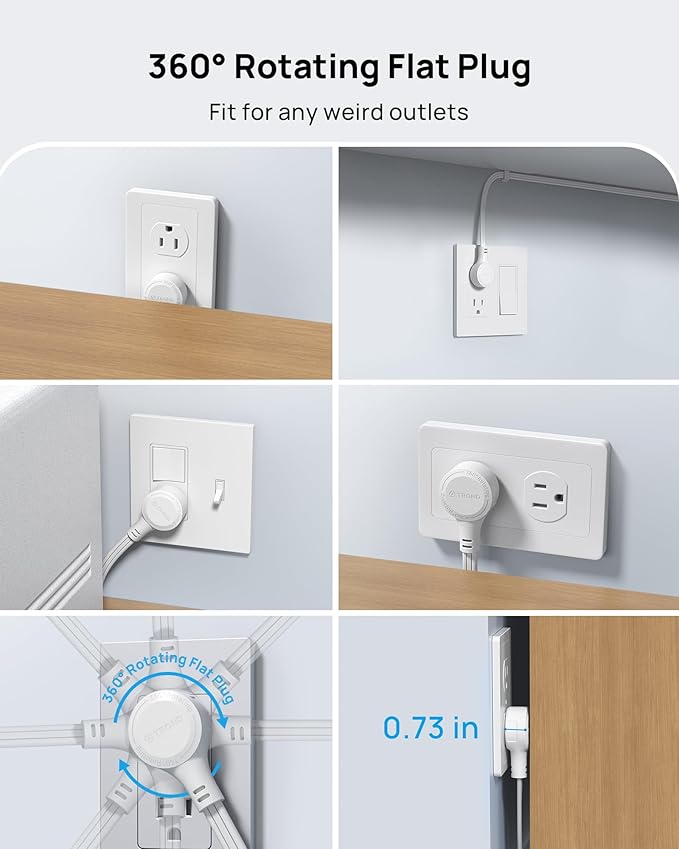 TROND 360° Rotating Flat Plug Power Strip with USB PD 20W, 5FT Flat Extension Cord Surge Protector 1300J with 9 Outlets 4 USB Ports, Wall Mountable, for Home Office Travel Dorm Room Essentials, White