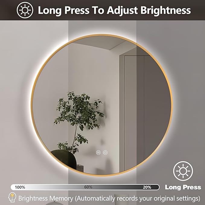 Niccy Round Led Mirror for Bathroom, 24" Backlit Mirror for Wall Circle Lighted Mirror with Gold Frame Anti-Fog, 3 Colors, HD Glass and IP65 Waterproof