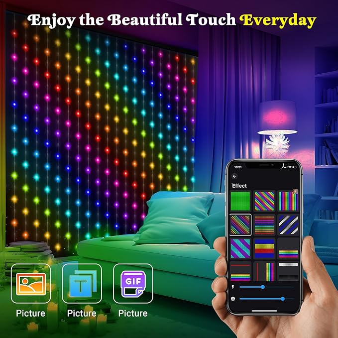 Smart Curtain Lights 400 LED, Color Changing LED Curtains Light 6.6 * 6.6 FT, DIY Fairy String Light Curtain for Bedroom Backdrop Party Indoor Outdoor Christmas Decor (APP +Remote Control)
