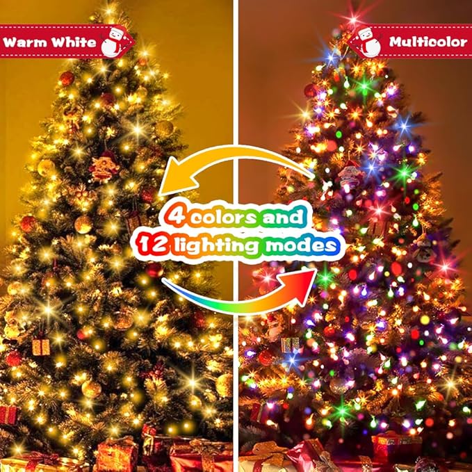 Battery Christmas Lights 4 Pack, 17ft 50 LED Dual Color Changing Mini String Light with 3 Auto-Timer Options and 12 Lighting Modes Waterproof Tree Lights (Warm White & Multicolor, 50 LEDs x 4 Pack)
