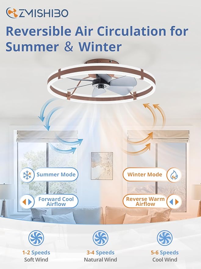 ZMISHIBO 24 Inch Ceiling Fans with Lights and Remote, Modern Low Profile Ceiling Fan, 3000-6000K Dimmable Flush Mount LED Fan Light, 6 Wind Speeds, Fandelier Ceiling Fans for Bedroom- Brown