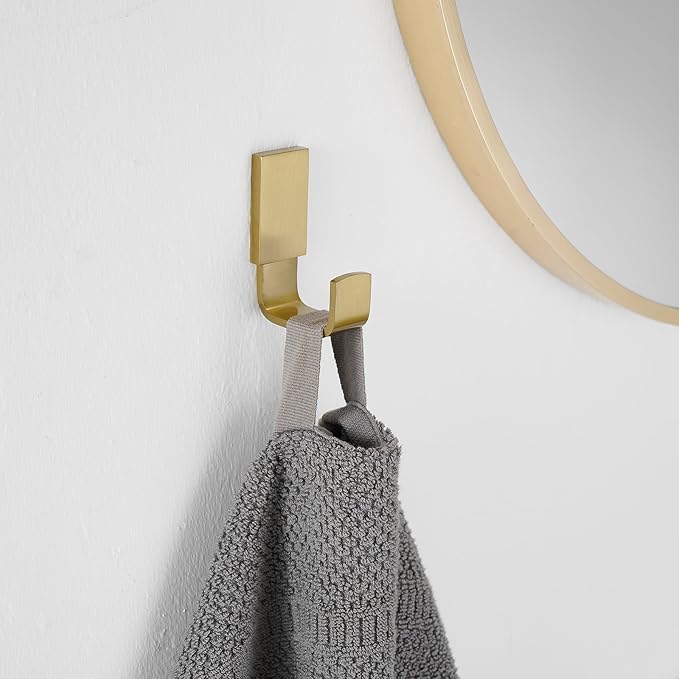 BESy Brass Clothes Hook Single Towel Hook for Bathroom Kitchen Garage Square Style Robe Hooks Coat and Hat Hook, Self Adhesive with Glue or Wall Mounted with Screws, Brushed Gold