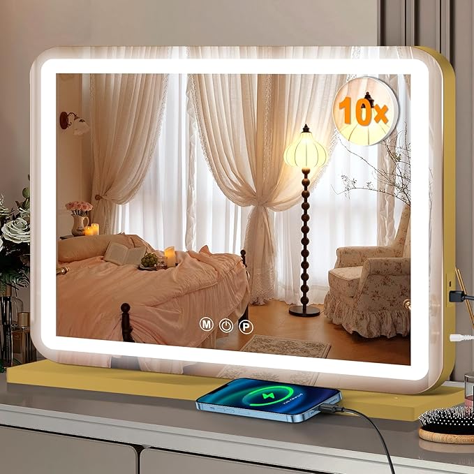 23"x18" Gold Vanity Mirror with Lights, Led Makeup Mirror, Lighted Makeup Mirror with 3 Color Dimmable Lights, Smart Touch Screen Control, Aluminum Metal Frame,USB Charging Port