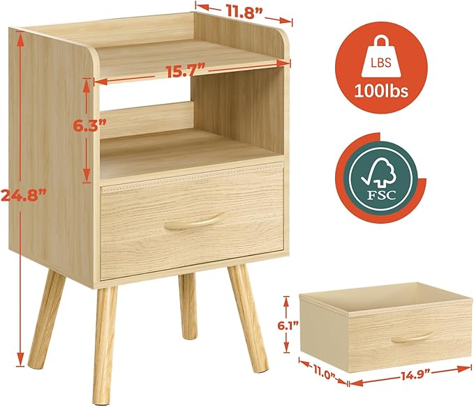 Yoobure Modern Nightstand with Fabric Drawer, Bedside Tables, Mid Century Nightstand with Open Storage Shelf, Wood Bedside Table, Small Night Stands for Bedrooms, 2-Tier Night Table