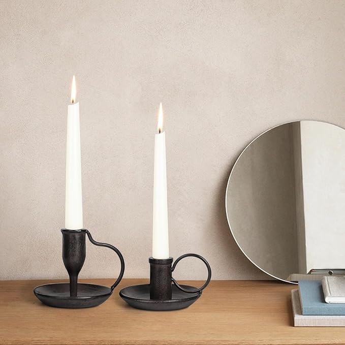 Matte Black Iron Candle Holder with Handle 2 Pcs Taper Candle Sticks Holder Decor Farmhouse Candlestick Holders for Home Wedding Party Dinning Table Centerpiece
