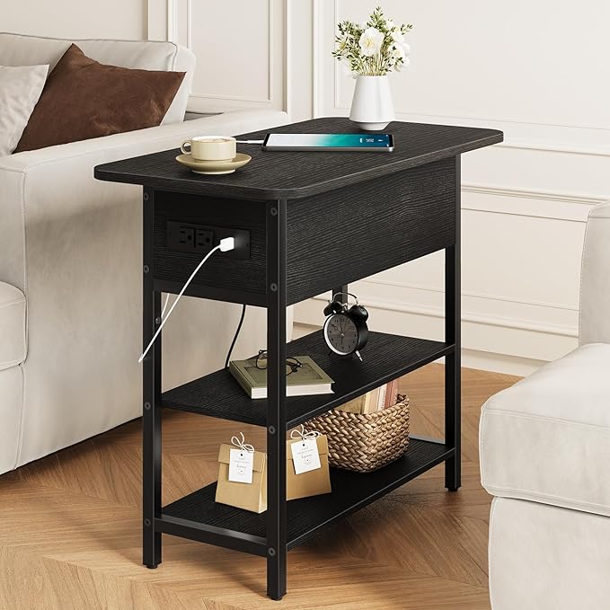 Yoobure End Table with Charging Station, Flip Top Side Table with USB Ports and Outlets, Sofa Couch Table Bedside Table for Living Room Bedroom, Narrow Nightstand with Storage Shelves for Small Space