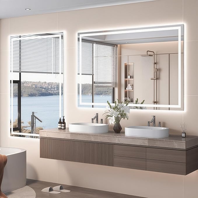 48"X30" LED Bathroom Mirror with Front Lights and Backlit, Anti-Fog, Dimmable, Shatter-Proof Tempered Glass, Lighted Bathroom Vanity Mirror for Wall with 3 Colors, Memory Function