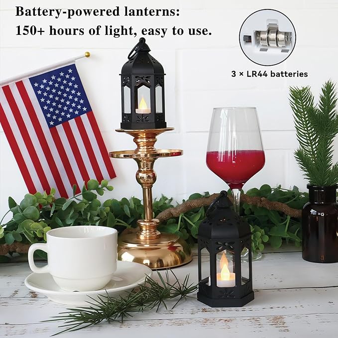 LLQ 8Pcs Mini Lanterns for Centerpiece, Ramadan Decorations, Battery Included, Decorative Candle Lanterns for Indoor, Small Vintage Lantern for Halloween Christmas Wedding Table Decor, Black