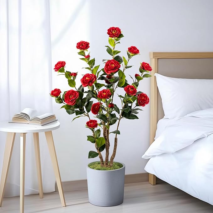 Artificial Camellia Tree 2 Pack, Artificial Plants Outdoor Faux Floral Plant in Cement Pot Fake Red Silk Camellia Tree Plants for Home House Living Room Office Decor (Red (2 Pack))