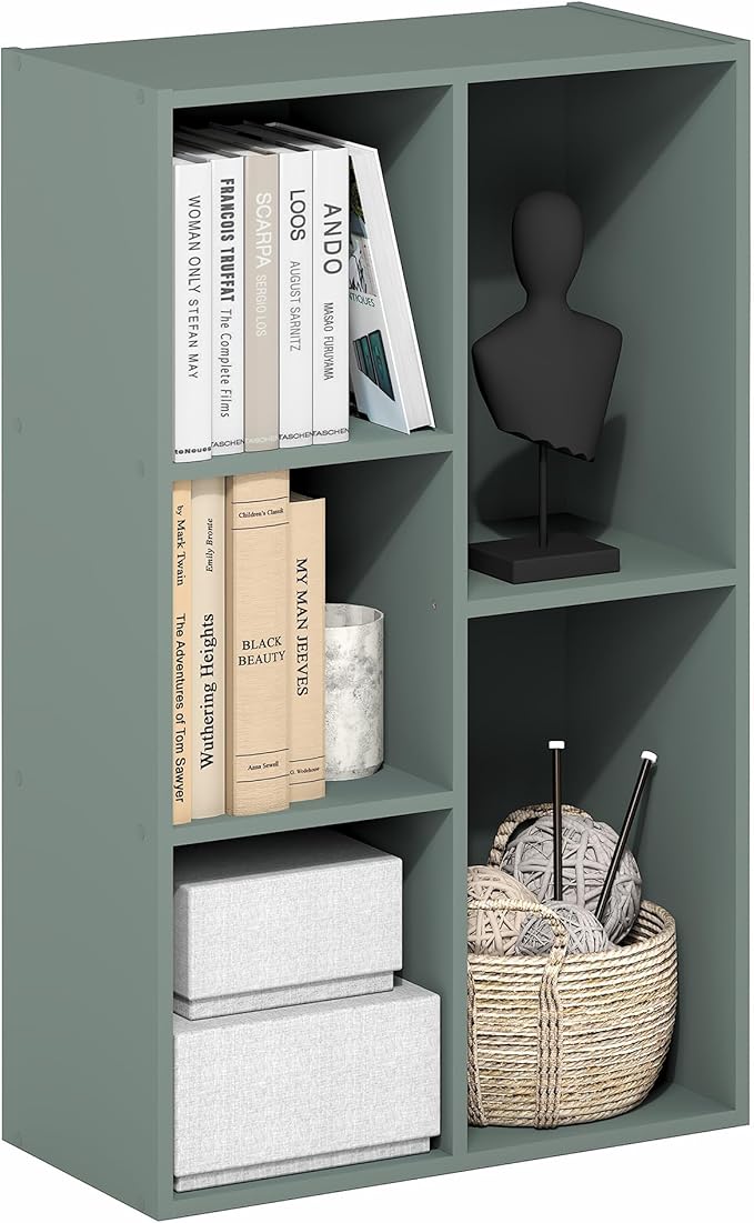 Furinno LUDER Book Shelf, 5-Cube Bookshelf, Reversible Bookcase, 9.4" x 19.5" x 31.5", for Living Room, Bedroom, Home Office, Sage Green