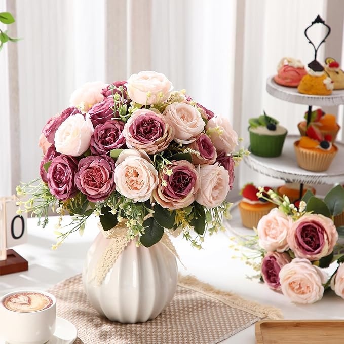 Geosar 8 Bundles Artificial Peonies Flowers Fake Silk Peony Bouquet Faux Peonies Flowers Bulk for Decoration Vase Floral Arrangements Wedding Party Table (Dusty Pink,Dusty Rose)