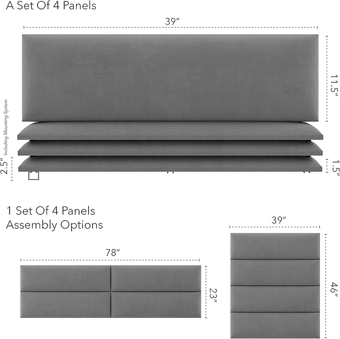 Vänt Upholstered Wall Panels - King/Cal King Size Wall Mounted Headboards - Micro Suede Grey - Twin/King Set of 4 Panels (Each Individual Panel 39"x11.5")