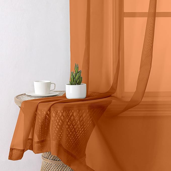 Aiyufeng Orange Sheer Curtains 96 Inches Long 2 Panels Set, Light Filtering Soft Airy Voile Rod Pocket Orange Sheer Window Drapes for Bedroom Living Room, Each 42Wx96L Inches