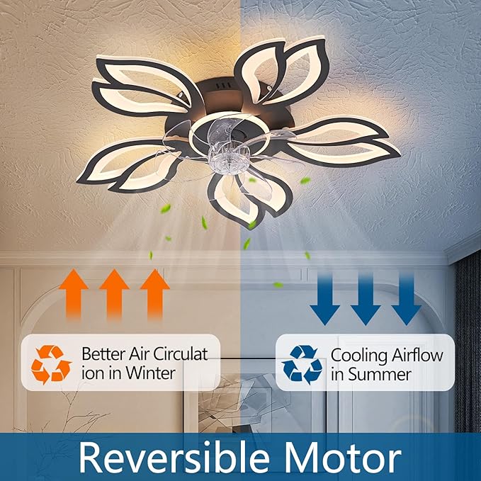 Ceiling Fan with Lights Remote Control, 26" Black Low Profile Ceiling Fan with Light, Modern Leaf Geometric Flush Mount Ceiling Fan for Kitchen Bedroom