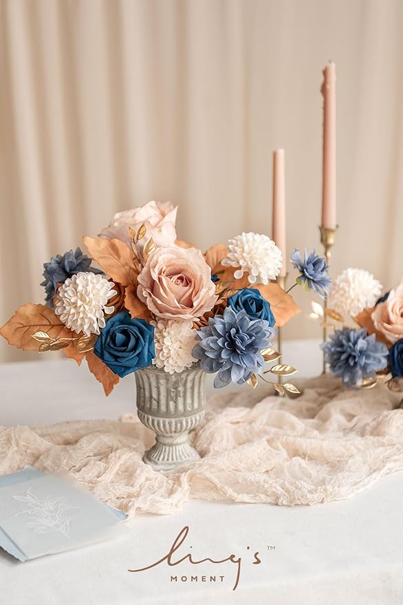 Ling's moment Artificial Flowers Fake Silk Dahlia Faux Foam Roses Combo for DIY Wedding Bouquets Centerpieces Arrangements Bridal Shower Party Home Decorations, Navy Blue & Burnt Orange, 24pcs