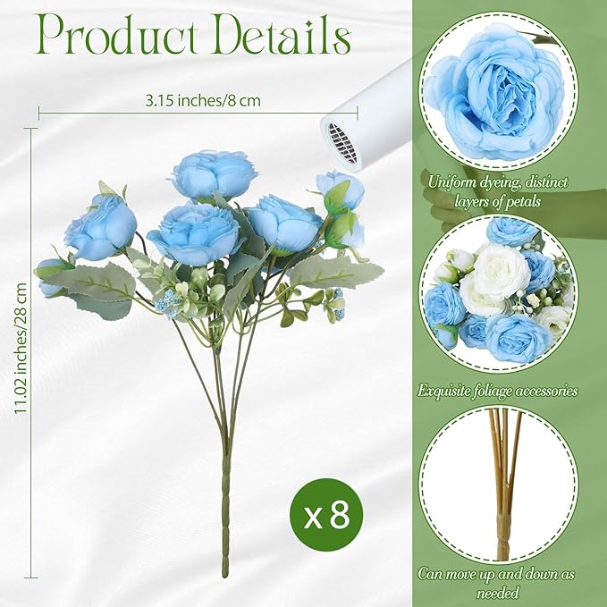 Geosar 8 Bundles Artificial Peonies Flowers Fake Silk Peony Bouquet Faux Peonies Flowers Bulk for Decoration Vase Floral Arrangements Wedding Party Table (Blue,White)