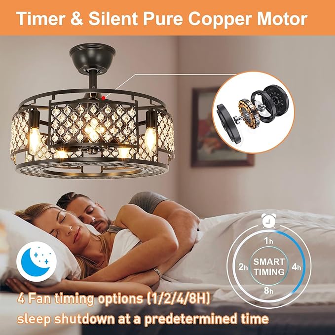DLLT Caged Ceiling Fans with Lights: 18" Bladeless Industiral Fandelier with Light for Bedroon Living Dining Room - Black Crystal Ceiling Fan with Remote - Modern Chandelier with Fan Kitchern
